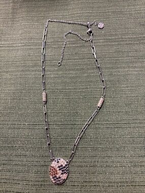 TC Silver-Tone Link Necklace with Pink and Black Crystal Oval Pendant
